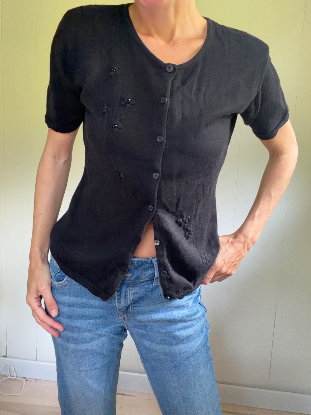 vintage 90s black cardigan short sleeve with embroidery minimalist whimsigoth